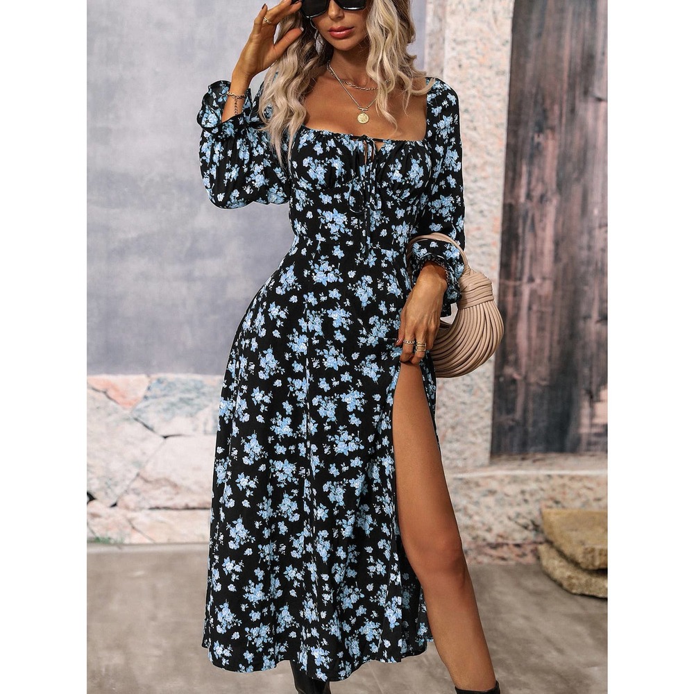 Blue white Floral Print Flounce long Sleeve Knotted Split Thigh midi Dress boho - Picture 9 of 11